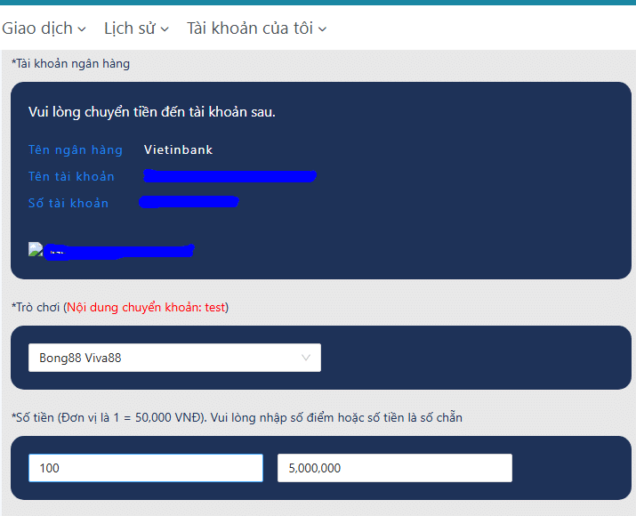 điền số tiền chuyển khoản